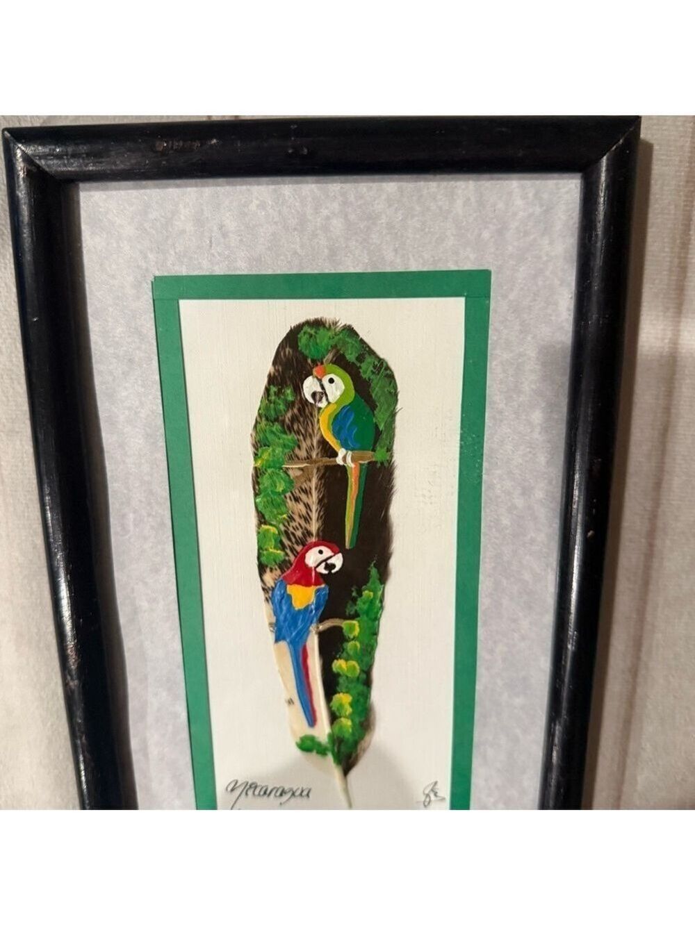 Parrots Art Painting on Feather Artwork Framed Nicaragua Blue Green Colorful Art - Picture 12 of 12